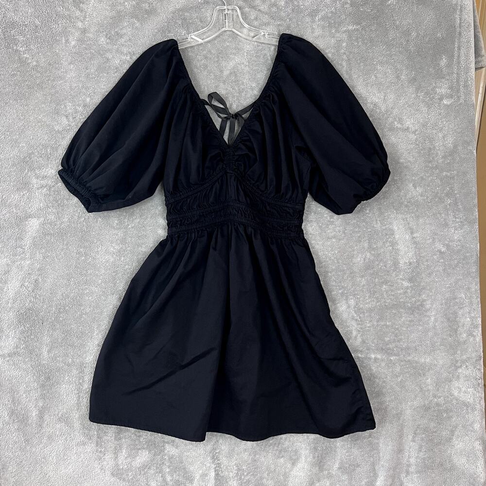 Old‎ Navy Smocked Mini Dress Womens S Black Puff Sleeve Puplum Milkmaid